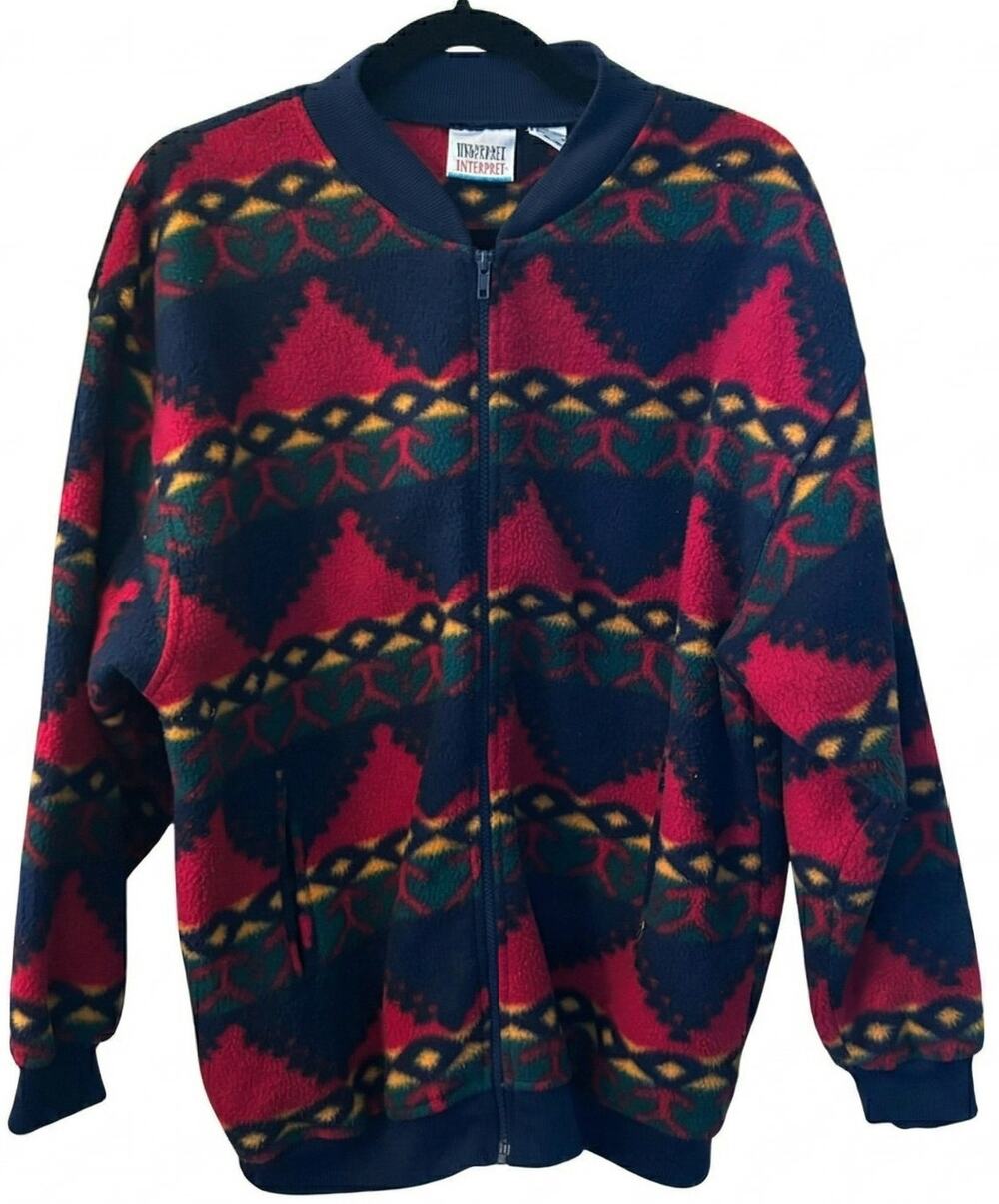 VTG Winterset Aztec Southwestern Fleece Zip Up Jacket Red Blue M Gorpcore Boho